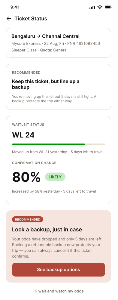 Prediction Detail screen — WL 24, 80% confirmation chance, recommendation to lock a backup